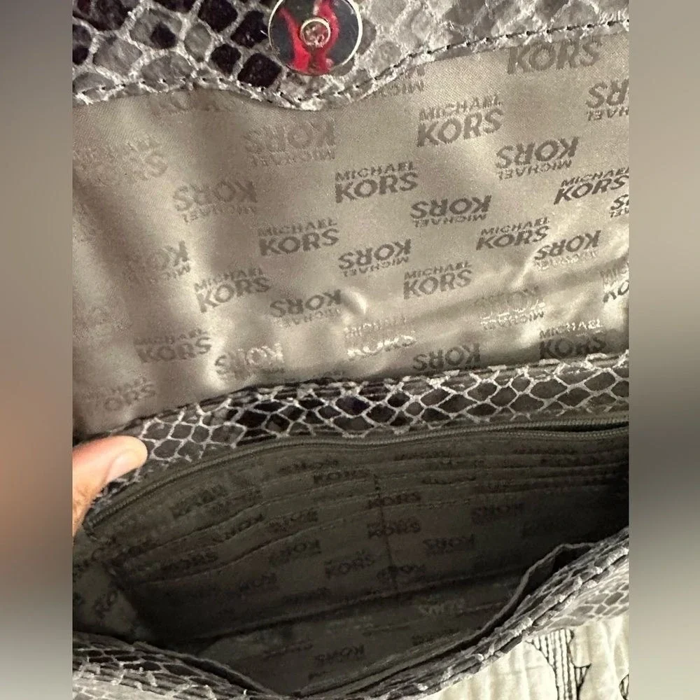 Michael Kors Grey Snakeskin‎ Embossed Shoulder Bag Silver MK Logo Chain Strap
